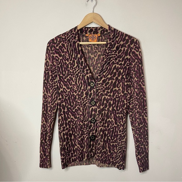 TORY BURCH Lightweight Merino Wool Leopard Print Button-Up Cardigan, Small - Picture 2 of 11